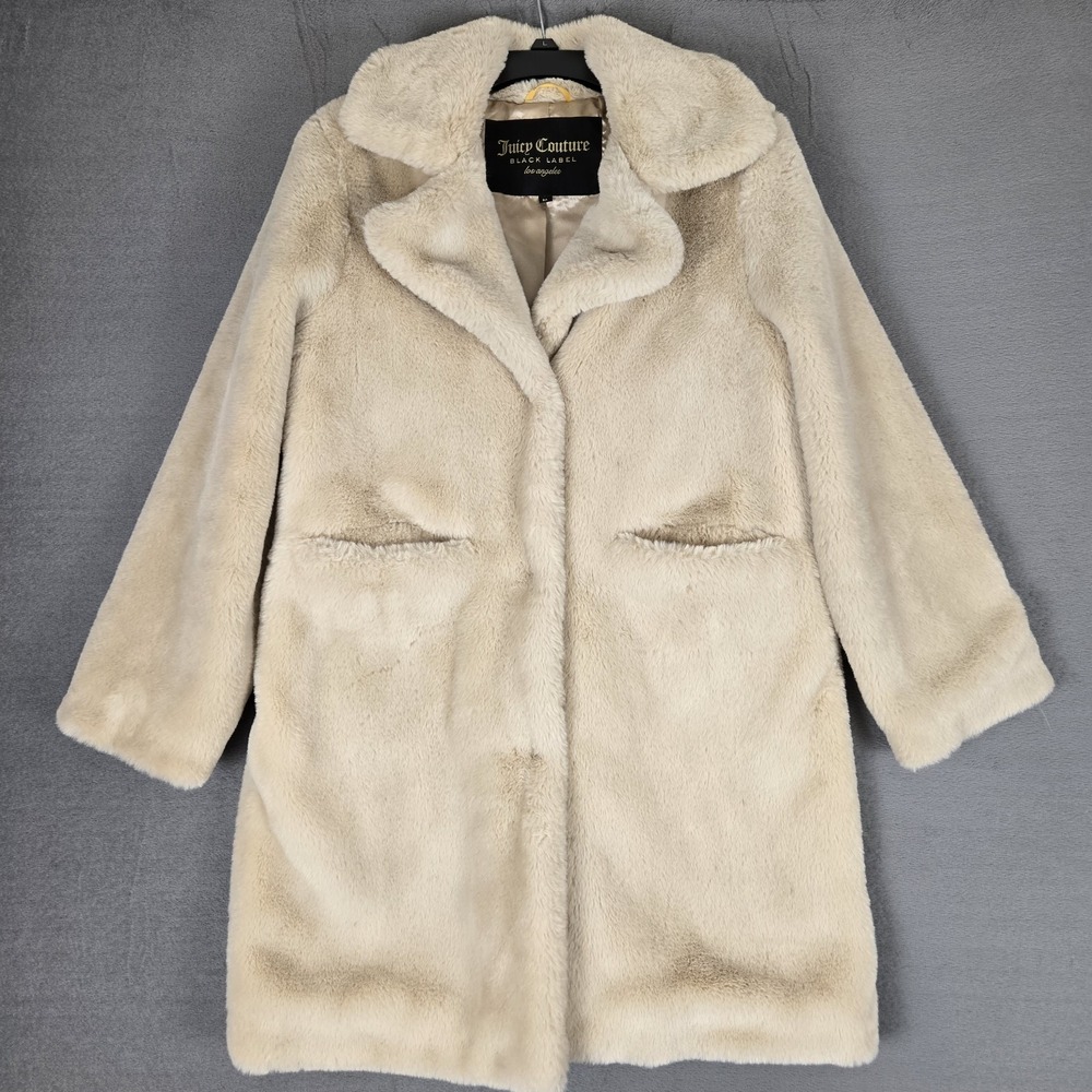 Juicy Couture Black Label Faux Fur Coat Womens Medium Beige‎ Snap Up Mid-Length